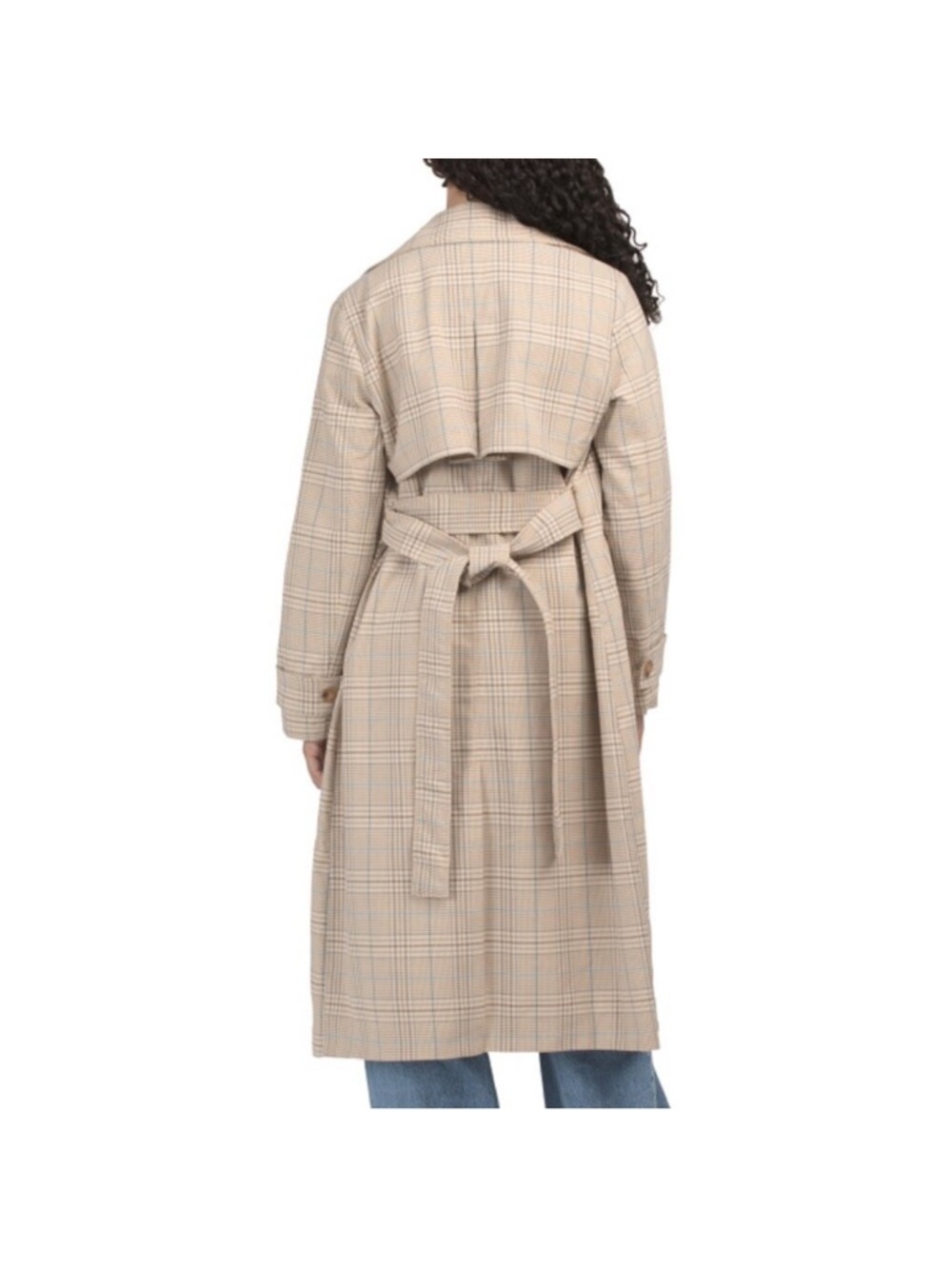 Bagatelle Collection New York Beige and Blue Plaid Double-Breasted Trench Coat - Picture 4 of 13